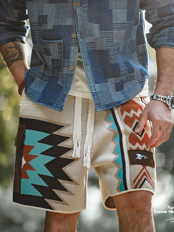 Contrast Color Geometric Drawstring Shorts